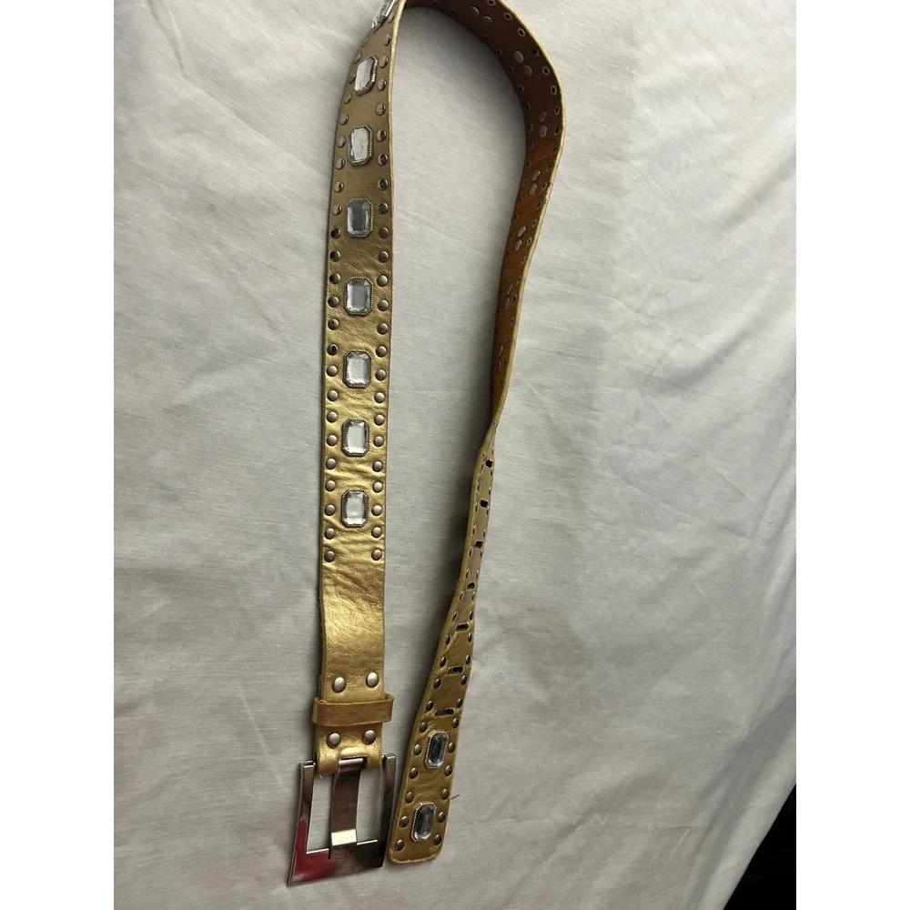 Gold Metallic Leather Studded Crystal Belt Silver Buckle Y2K Glam Boho 40 Inch